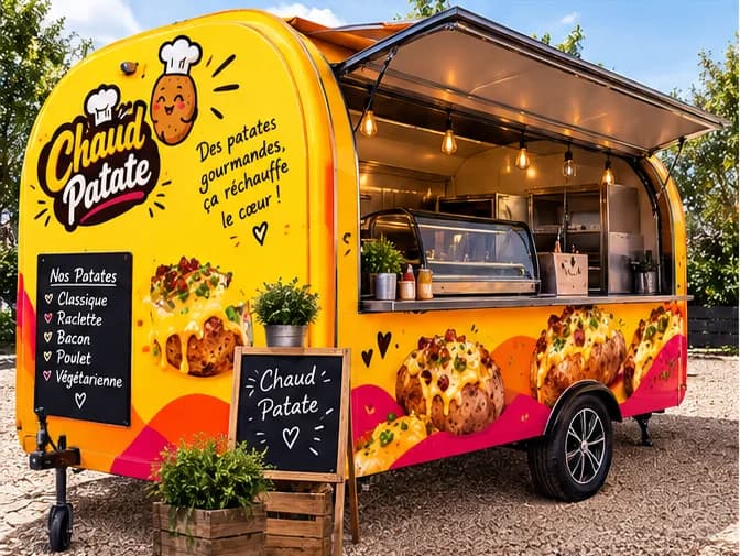 The Chaud Patates truck open, with its lit counter and “Nos Patates” chalkboard