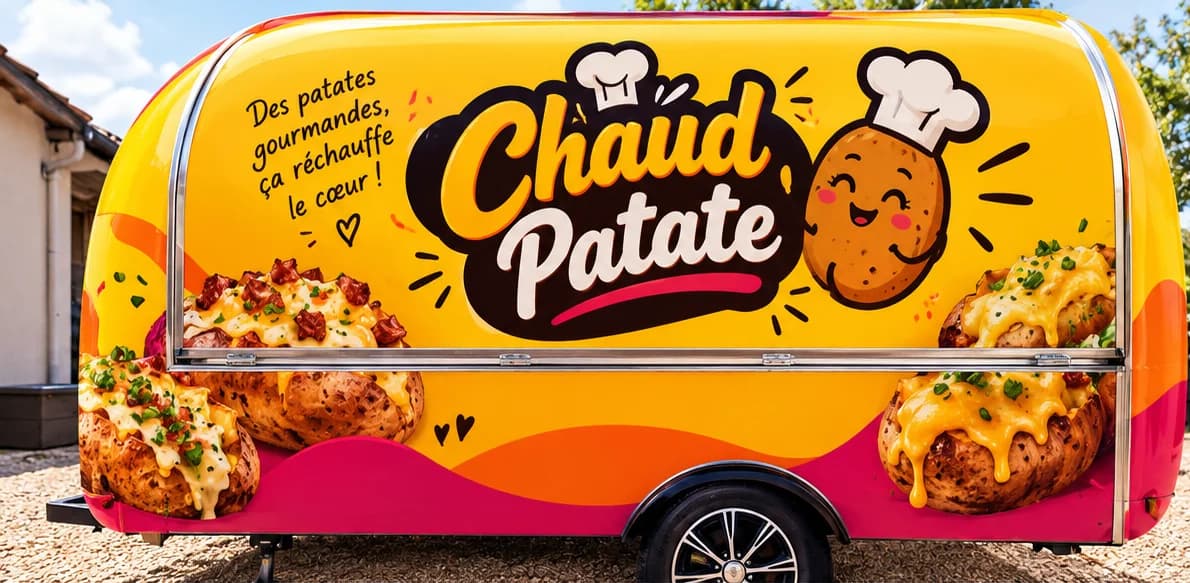 The Chaud Patates truck, yellow, orange and pink, parked in the sunshine